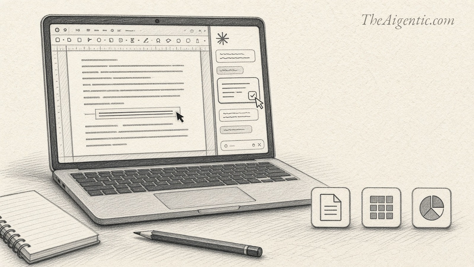 Graphite sketch illustrating Claude working inside Google Docs, Sheets and Slides