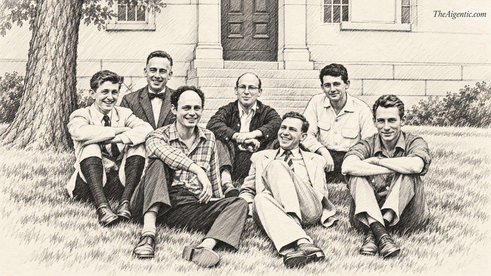Graphite sketch of the 1956 Dartmouth summer research group seated on the lawn in front of a campus hall