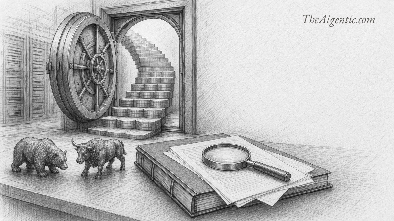 Graphite sketch of an open bank vault with a coin staircase that flattens out, a bear and bull facing each other, and a prospectus under a magnifying glass