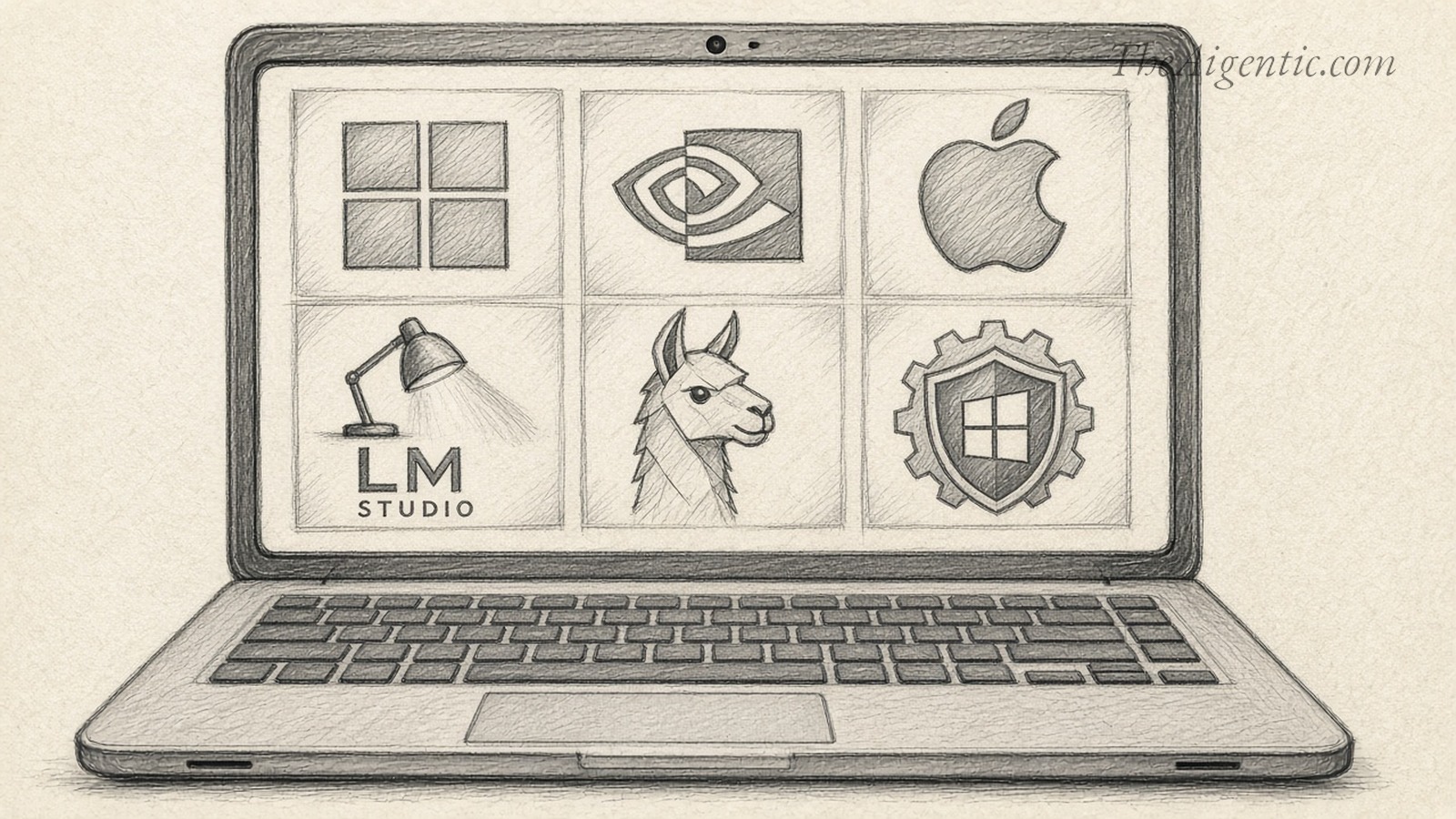 Graphite sketch illustrating AI running locally on a personal computer